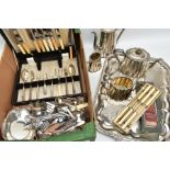 A BOX OF ASSORTED WHITE METAL ITEMS, to include a large rectangular tray fitted with double handles,
