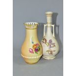TWO ROYAL WORCESTER BUD/POSY VASES, comprising an ivory ground twin handled baluster vase, decorated