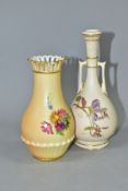 TWO ROYAL WORCESTER BUD/POSY VASES, comprising an ivory ground twin handled baluster vase, decorated