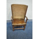 AN EARLY 20TH CENTURY CHILDS ORKNEY CHAIR with skep work back on an oak and beechwood frame