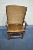 AN EARLY 20TH CENTURY CHILDS ORKNEY CHAIR with skep work back on an oak and beechwood frame