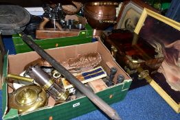TWO BOXES AND LOOSE METALWARES, PICTURES, JEWELLERY BOX AND SUNDRY ITEMS, to include a copper coal
