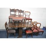 A SET OF SIX VICTORIAN MAHOGANY SPOON BACK CHAIRS, with drop in seat pads, four Edwardian chairs,