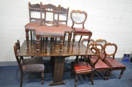 A SET OF SIX VICTORIAN MAHOGANY SPOON BACK CHAIRS, with drop in seat pads, four Edwardian chairs,