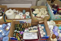 NINE BOXES OF WOOL, YARN, COTTONS AND THREAD, to include twelve balls of Jaeger Merino wool and real