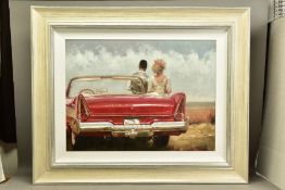 MARK SPAIN (BRITISH 1962), 'LOOKING OUT TO SEA', figures leaning against a classic American car (