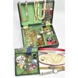 A JEWELLERY BOX OF ASSORTED ITEMS, to include a boxed double strand of cultured pearls, graduating