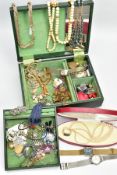 A JEWELLERY BOX OF ASSORTED ITEMS, to include a boxed double strand of cultured pearls, graduating