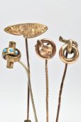 FOUR LATE VICTORIAN YELLOW METAL STICK PINS, to include a cased pin designed with a vine leaf within