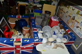 THREE BOXES OF CERAMICS AND GLASS ETC, to include a Nao Angora cat with box, English Ironstone