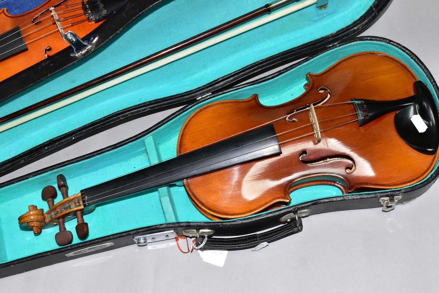 TWO STUDENT VIOLINS, BODY LENGTH APPROXIMATELY 35CM, one is a Chinese example with a Lark brand - Image 2 of 11