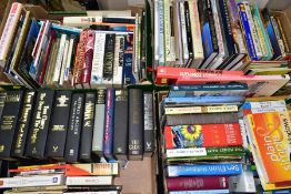 BOOKS, four boxes containing approximately one hundred and fifty titles in hardback and paperback