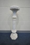 AN ALABASTER TORCHERE STAND with an octagonal base, a Corinthian fluted column with two foliate