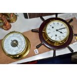 A SCHATZ ROYAL MARINE SHIPS CLOCK AND SCHATZ COMPENSATED PRECSION BAROMETER MOUNTED ON A PLYWOOD
