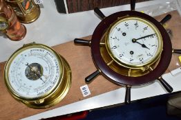 A SCHATZ ROYAL MARINE SHIPS CLOCK AND SCHATZ COMPENSATED PRECSION BAROMETER MOUNTED ON A PLYWOOD