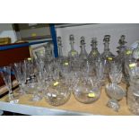 A QUANTITY OF CUT GLASS DECANTERS AND DRINKING GLASSES ETC, to include two finger bowls, eight