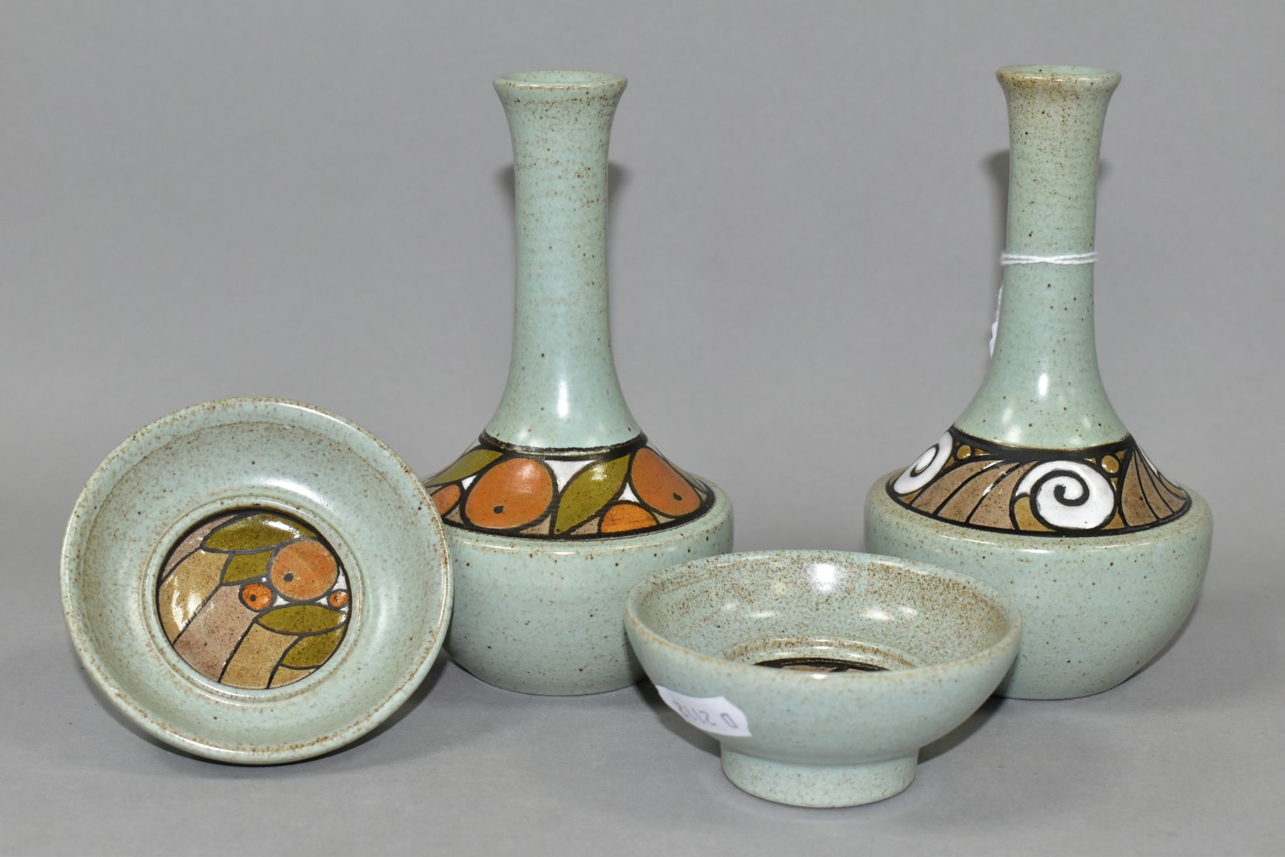 FOUR PIECES OF POOLE POTTERY, comprising two vases and two small dishes, mottled pale green ground - Image 2 of 4