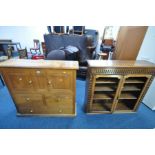 AN OAK SIDE CABINET, with fielded panels, hinged top, and three drawers, width 111cm x depth 33cm