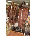 TWO BOXES AND LOOSE FUR STOLES, COATS, CAPES ETC, various fur types, to include three fur coats