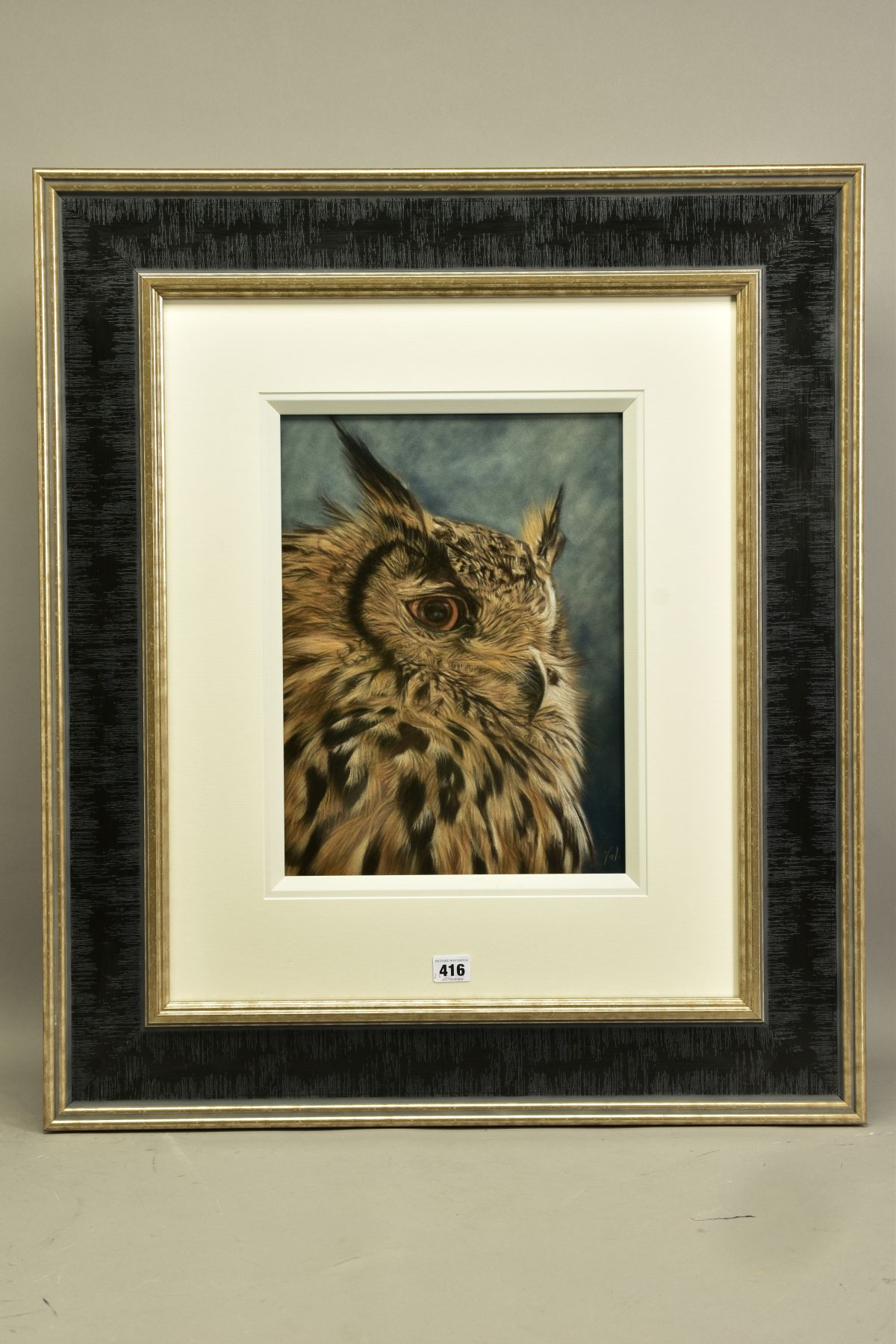 VALERIE SIMMS (BRITISH 1965) 'EAGLE EYED', a portrait of an Eagle Owl, signed bottom right, pastel