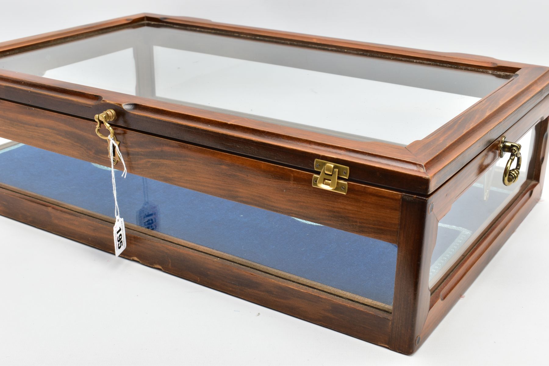 A WOODEN AND GLASS JEWELLERY DISPLAY CABINET, with a fitted blue fabric slightly tiered interior, - Image 3 of 4