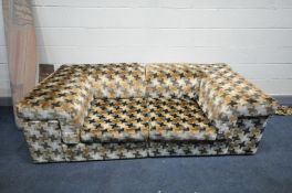 A MID CENTURY UPHOLSTERED MODULAR TWO SEAT SOFA with geometric patterned upholstery, width 218cm