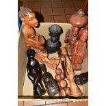 TEN VARIOUS AFRICAN TRIBAL CARVED WOODEN FIGURES/BUST/ABSTRACT DESIGN ITEMS, height of tallest