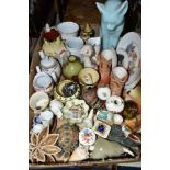 A BOX OF CERAMIC ORNAMENTS, GIFTWARES AND SUNDRY ITEMS, to include a Wade Jem Animal Band figure,
