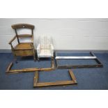 A CHILDS CHAIR with stripped upholstery, a commode armchair, and four various sized fenders (6)