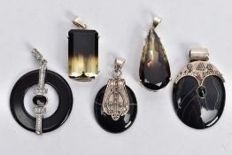 FIVE ASSORTED SEMI-PRECIOUS GEMSTONE PENDANTS, five white metal pendants set with stones such as