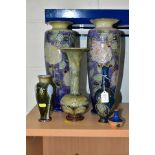 SIX DOULTON LAMBETH AND ROYAL DOULTON STONEWARE VASES, including a pair of baluster form tube line