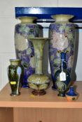 SIX DOULTON LAMBETH AND ROYAL DOULTON STONEWARE VASES, including a pair of baluster form tube line