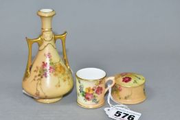 THREE PIECES OF MINIATURE BLUSH IVORY ROYAL WORCESTER, comprising a mug, height 3.5cm, a twin