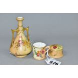 THREE PIECES OF MINIATURE BLUSH IVORY ROYAL WORCESTER, comprising a mug, height 3.5cm, a twin