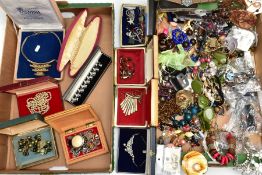 TWO BOXES OF ASSORTED COSTUME JEWELLERY AND JEWELLERY BOXES, to include a box of assorted costume