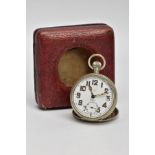 AN OPEN FACE POCKET WATCH WITH CASE, the white metal pocket watch with a round white dial signed '