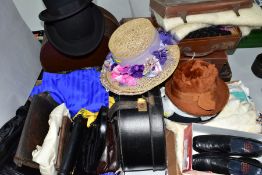 A QUANTITY OF COSTUME, TEXTILES, HATS, BAGS AND CASES, to include a bowler hat bearing size label