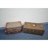 A VINTAGE WOODEN BANDED TRUNK width 84cm x depth 50cm x height 35cm, along with two vintage fibre