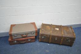 A VINTAGE WOODEN BANDED TRUNK width 84cm x depth 50cm x height 35cm, along with two vintage fibre