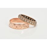A 9CT GOLD BAND RING AND GEM SET RING, a 9ct rose gold band ring with an engraved pattern,