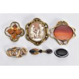 SIX BROOCHES, to include a large gold-plated cameo brooch of an oval form, depicting a dancing