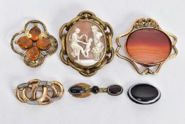 SIX BROOCHES, to include a large gold-plated cameo brooch of an oval form, depicting a dancing