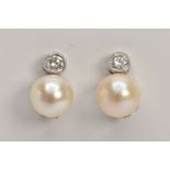 A PAIR OF WHITE METAL DIAMOND AND CULTURED PEARL EARRINGS, each designed with a single cultured