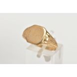 A 9CT GOLD SIGNET RING, of a plain square form, tapered shoulders, approximate face dimensions