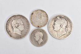A SMALL GROUP OF SILVER COINS, to include a George IV 1823 Half-crown, a 1919 George III Half-crown,