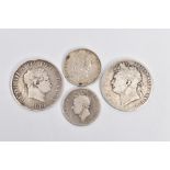 A SMALL GROUP OF SILVER COINS, to include a George IV 1823 Half-crown, a 1919 George III Half-crown,