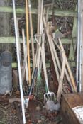 A QUANTIY OF GARDEN TOOLS and a vintage wooden crate containing ceramic tile borders