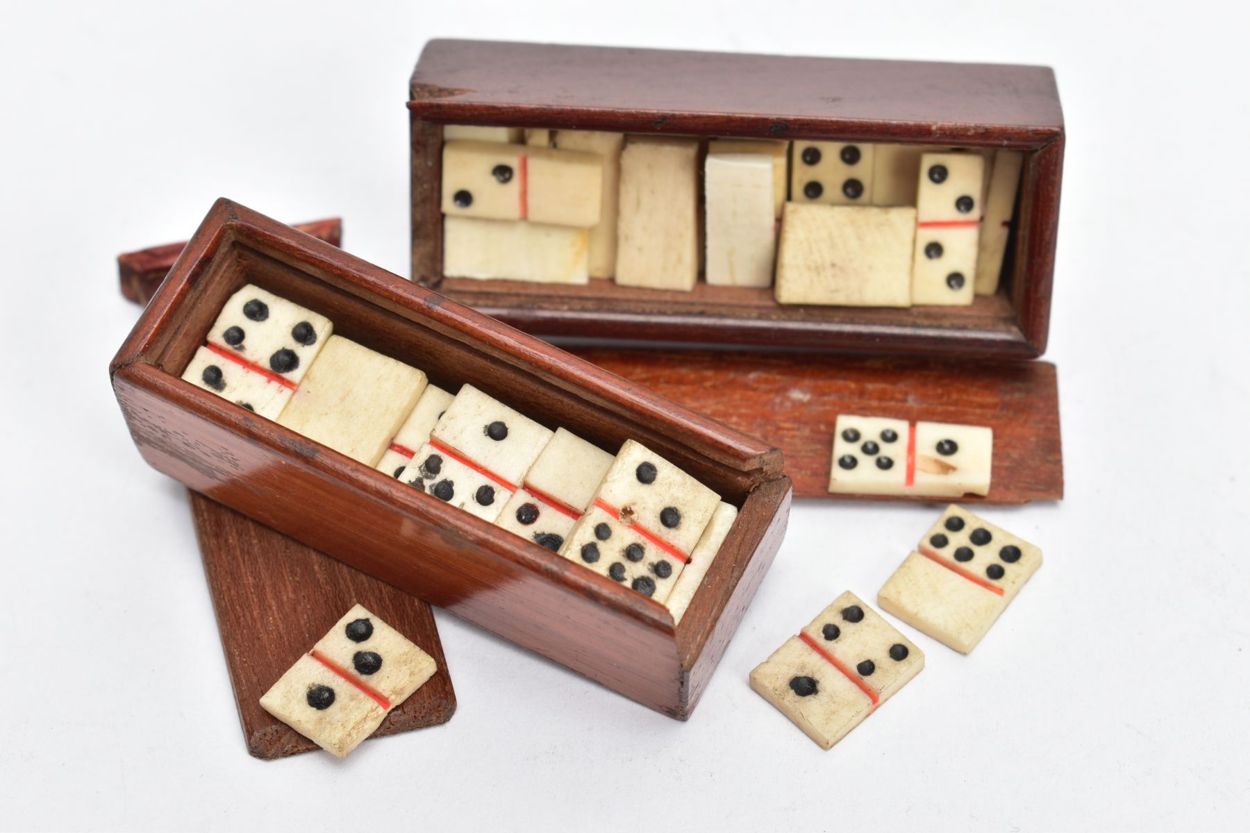 TWO VICTORIAN DOMINO SETS, two sets of miniature bone dominoes in mahogany cases one box measures - Image 2 of 2