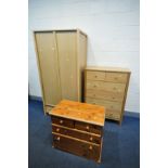 A LIGHT HARDWOOD EFFECT TWO DOOR WARDROBE, width 90cm x depth 50cm x height 185cm, an oak chest of