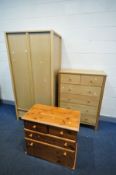 A LIGHT HARDWOOD EFFECT TWO DOOR WARDROBE, width 90cm x depth 50cm x height 185cm, an oak chest of